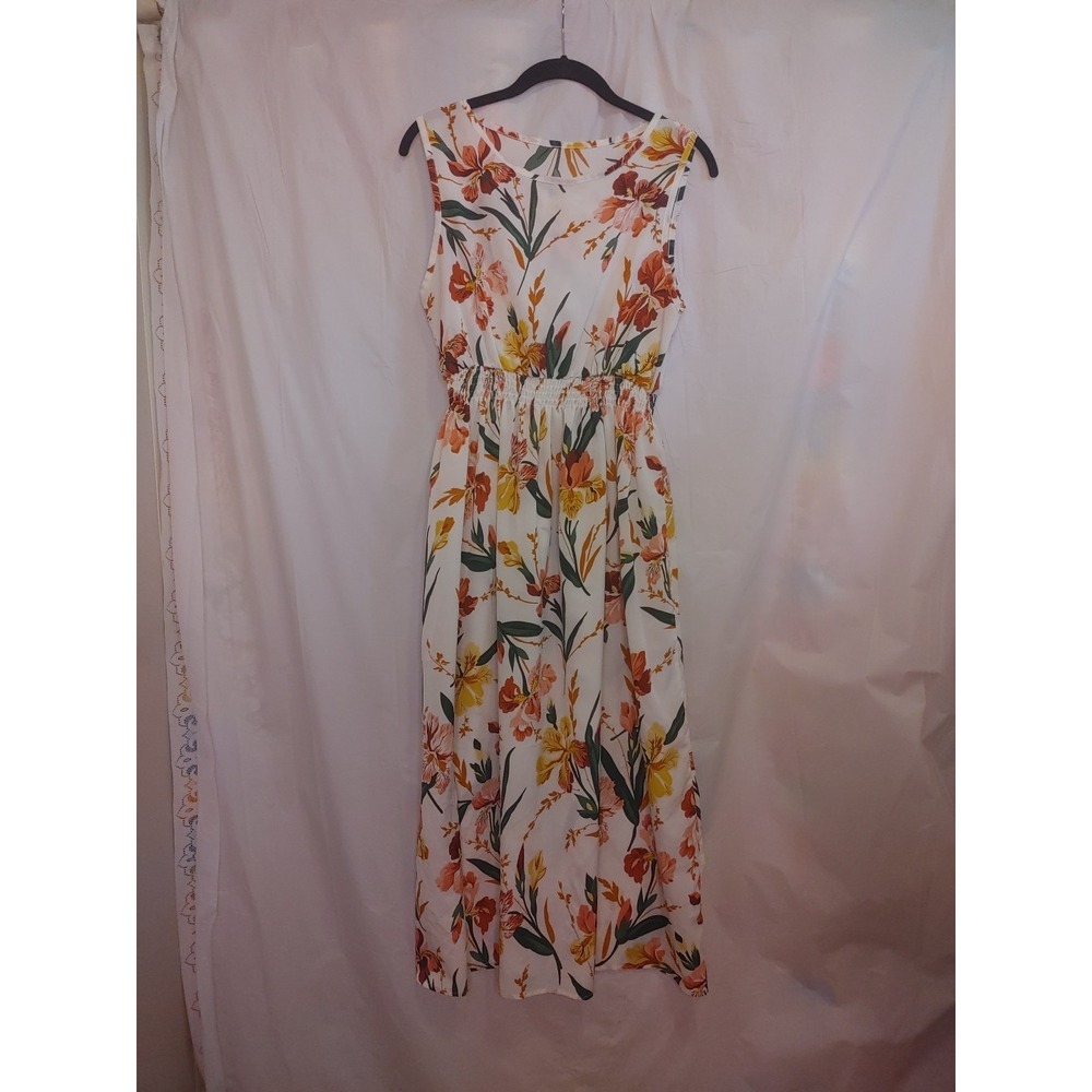 NWOT Shein White Floral Elastic Waistband Sleeveless Maxi Dress Size M‎ / Us 6